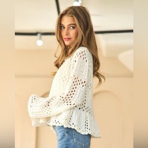 White Crochet Bell Sleeve Sweater